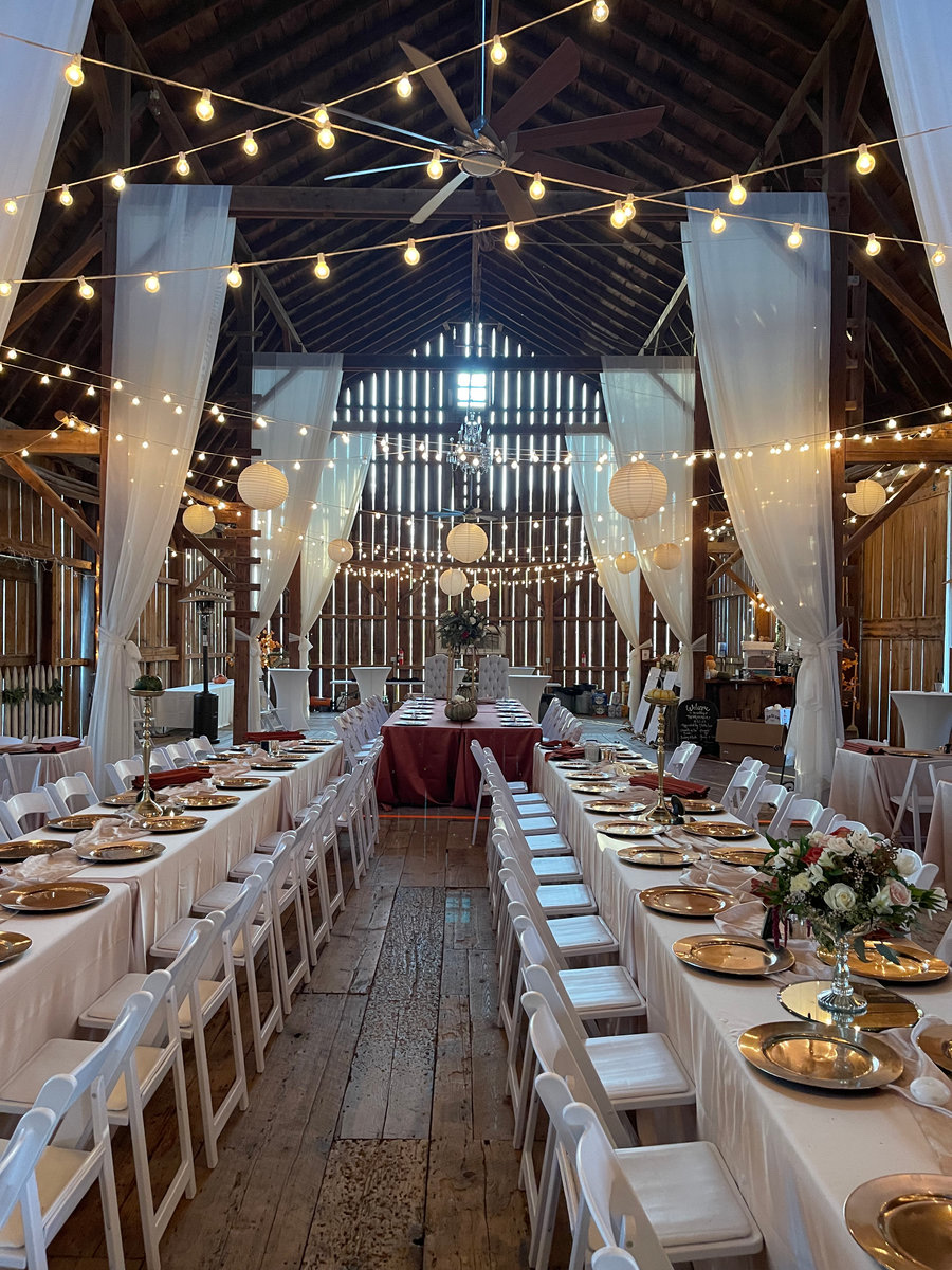Wedding barn banquet hall set for dinner near Green Lake, Wisconsin